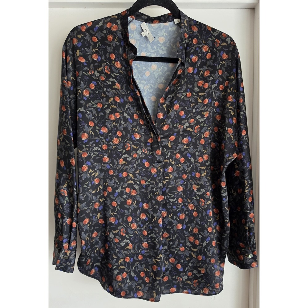 Vince Blouse XS Floral Collared Long Sleeve Black Orange Blue Top Shirt